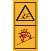 Machinemarkering sticker waarschuwing "Gevaar voor kantelen, geen rolbeugel (ROPS) aanwezig" volgens ISO 11684