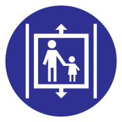 Blauwe sticker met pictogram om aan te duiden dat kinderen alleen in de lift mogen onder begeleiding