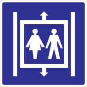 Blauwe sticker met pictogram voor aanduiding van een personenlift