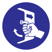 Blauwe sticker met pictogram om aan te duiden dat de luiken gesloten en beveiligd moeten worden