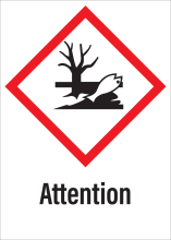 Sticker met pictogram "Schadelijk voor milieu" en signaalwoord "Attention" - GHS 09