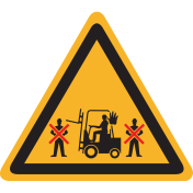 Sticker met pictogram "Niet voor of achter heftruck komen"