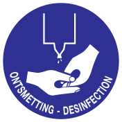 Blauwe sticker met pictogram en tekst om aan te duiden dat ontsmetting van de handen verplicht is