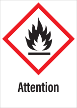Sticker met pictogram "Ontvlambare Stoffen" en signaalwoord "Attention" - GHS 02
