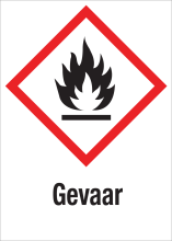 Sticker met pictogram "Ontvlambare Stoffen" en signaalwoord "Gevaar" - GHS 02