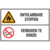 Sticker met pictogram en tekst: "Ontvlambare Stoffen - Verboden te Roken" - ISO 7010 - W021, P002