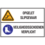 Sticker met pictogram en tekst: "Opgelet Slipgevaar - Veiligheidsschoenen Verplicht" - ISO 7010 - W011, M008