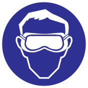 Blauwe sticker met pictogram om aan te duiden dat het dragen van een panoramabril verplicht is