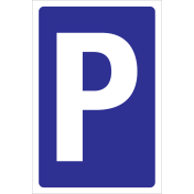 Blauwe sticker met een P om een parkeerplaats aan te duiden