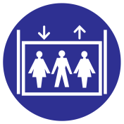 Blauwe sticker met pictogram om een lift aan te duiden geschikt voor personen