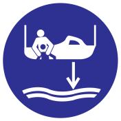 Blauwe sticker met pictogram om aan te duiden reddingsboot laten zakken