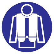 Blauwe sticker met pictogram om aan te duiden dat het dragen van een zwemvest verplicht is