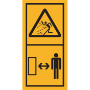 Machinemarkering sticker waarschuwing "Rondvliegende delen, gevaar voor hele lichaam, afstand houden tot machine" volgens ISO 11684