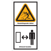 Sticker met pictogram en tekst "Rondvliegende delen - Afstand houden"