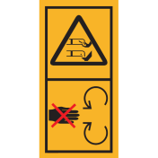 Machinemarkering sticker waarschuwing "Gevaar voor afsnijden van vingers of tenen, roterende messen, verwijder veiligheidsscherm niet" volgens ISO 11684