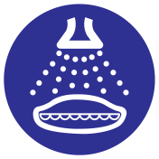 Blauwe sticker met pictogram om aan te duiden dat sproeien bij lancering verplicht is