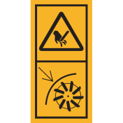 Machinemarkering sticker waarschuwing "Stekende Delen, snijgevaar voor vingers of hand, Plaats veiligheidsscherm" volgens ISO 11684