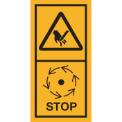 Machinemarkering sticker waarschuwing "Stekende Delen, snijgevaar voor vingers of hand, wacht tot alle onderdelen stil staan" volgens ISO 11684
