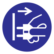 Blauwe sticker met pictogram om aan te duiden dat het verplicht is om de stekker uit het stopcontact te halen - ISO7010 - M006