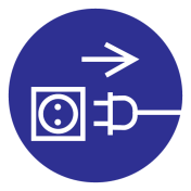 Blauwe sticker met pictogram om aan te duiden dat het verplicht is om de stekker uit het stopcontact te halen