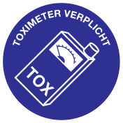 Blauwe sticker met pictogram en tekst om aan te duiden dat het gebruik van een toximeter verplicht is
