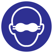 Blauwe sticker met pictogram om aan te duiden dat het dragen van een opaak bril verplicht is - ISO7010 - M007