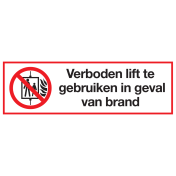 Sticker met pictogram en tekst Verboden lift te gebruiken in geval van brand