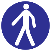 Blauwe sticker met pictogram voor het aanduiden van een verplicht looppad - ISO7010 - M024