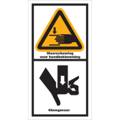Sticker met pictogram en tekst " Waarschuwing voor Handbeklemming - Klemgevaar"