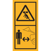 Machinemarkering sticker waarschuwing "Zakkende delen, Afstand tot Bak Houden" volgens ISO 11684