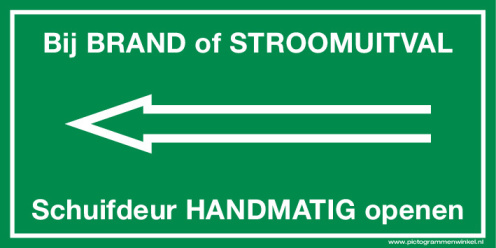 Sticker met pictogram en tekst: Schuifdeur handmatig openen links 