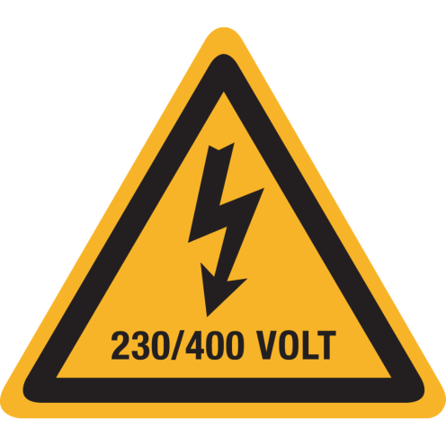 Bord met pictogram / spanningsaanduiding "Waarschuwing 230/400 volt" - ISO 7010 - W012