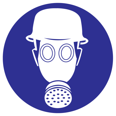 Blauw bord met pictogram voor aanduiding dat adembescherming en een veiligheidshelm verplicht is