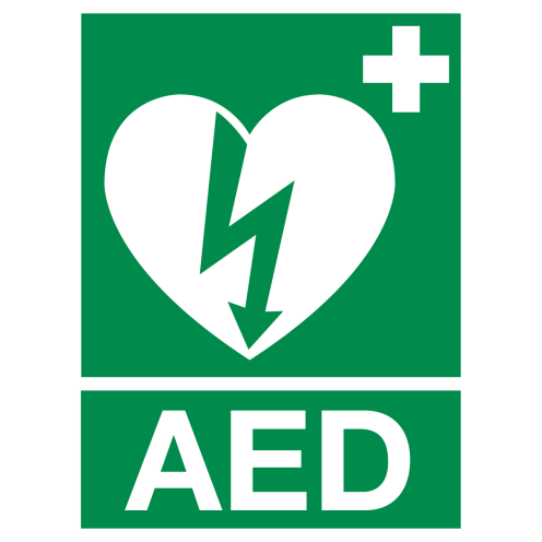 Bord met pictogram en tekst AED volgens ILCOR