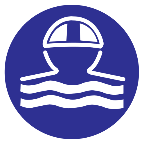 Blauw bord met pictogram om aan te duiden dat een badmuts verplicht is