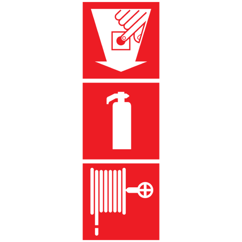 Bord met pictogram van een brandblusser, brandhaspel en handmelder met pijl