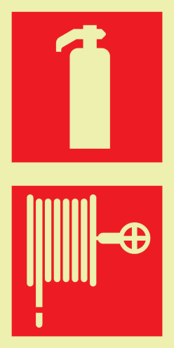 Fotoluminescerend bord met pictogram van een brandblusser en brandslanghaspel 