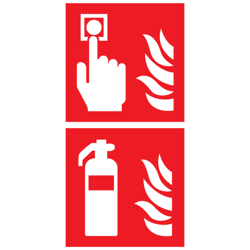 Bord met pictogram van een brandblusser en handbrandmelder met vlam