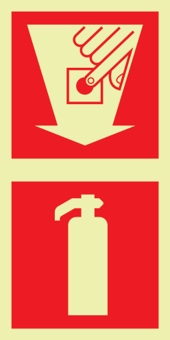 Fotoluminescerend bord met pictogram van een brandblusser en handbrandmelder met pijl