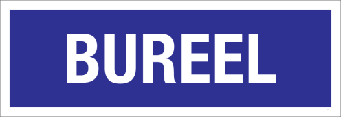 Bord Bureel - blauw met witte tekst