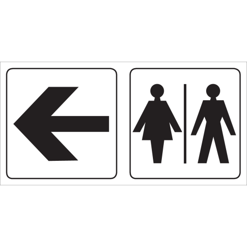 Bord met pictogram voor aanduiding ruimte voor dames en heren met pijl naar links