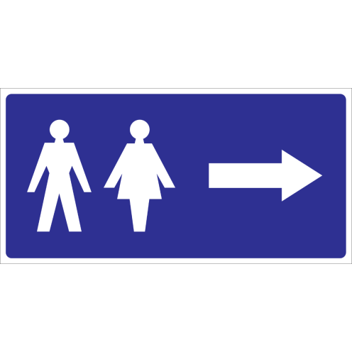 Blauw bordje met pictogram voor aanduiding ruimte voor dames en heren met pijl naar rechts