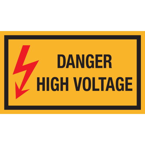 Bord met pictogram en tekst "Danger High Voltage"