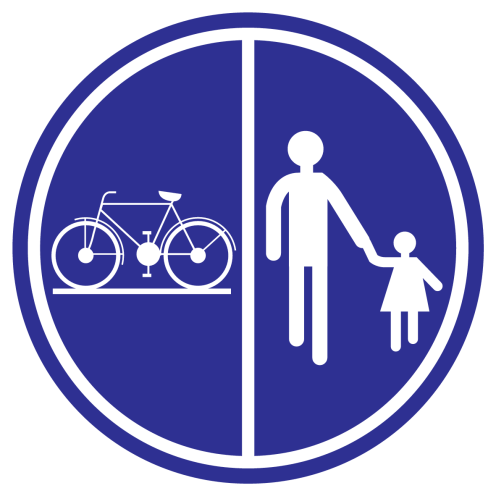 Blauw bord met pictogram om aan te duiden dat fietsers en voetgangers toegestaan zijn