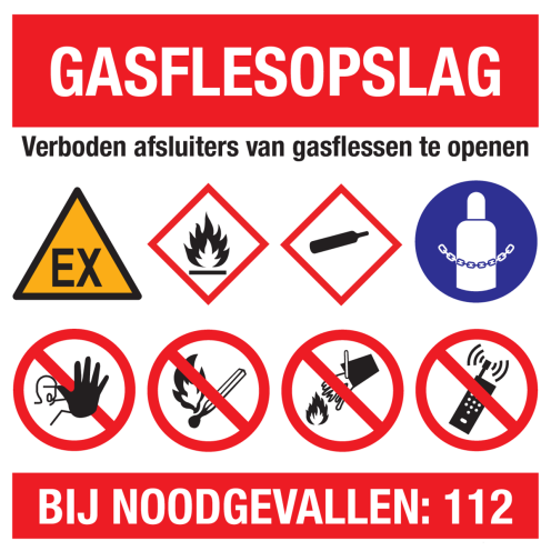 Bord Gasflesopslag met pictogrammen en tekst