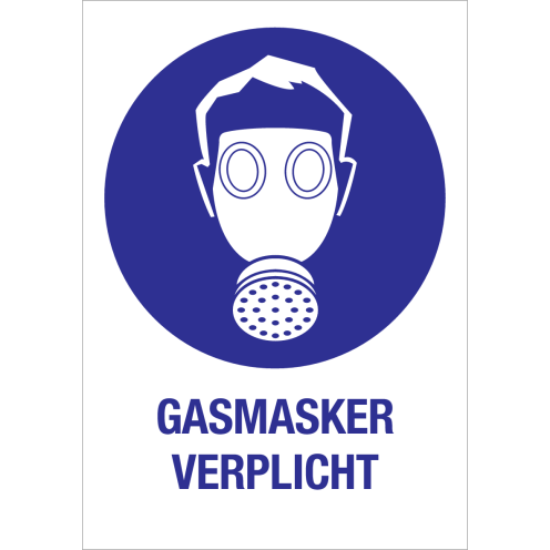 Bord met pictogram en tekst om aan te duiden dat een gasmasker verplicht is