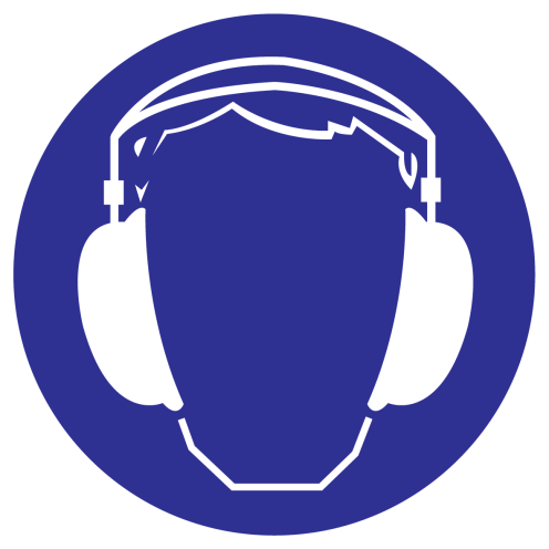 Blauw bord met pictogram om aan te duiden dat gehoorbescherming verplicht is
