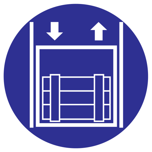 Blauw bord met pictogram om een goederenlift aan te tonen