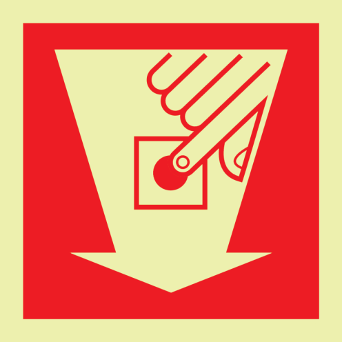 Fotoluminescerend bord met pictogram van een handbrandmelder met pijl