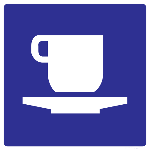 Blauw bord met pictogram van een kopje voor aanduiden koffiecorner